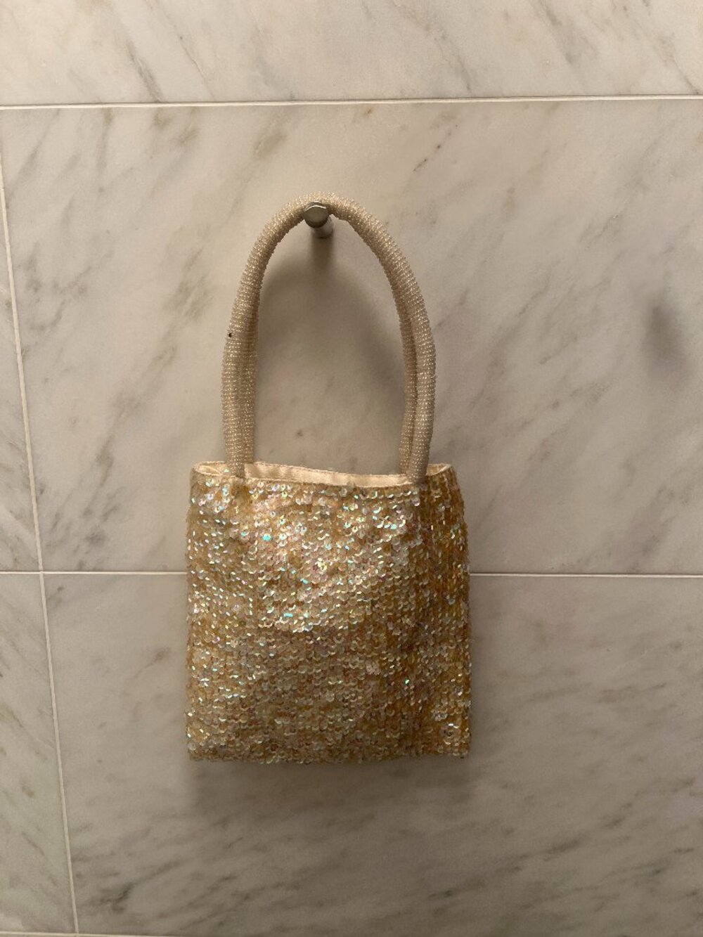 Agnès B vintage iridescent champagne sequin mini bag with beaded handles